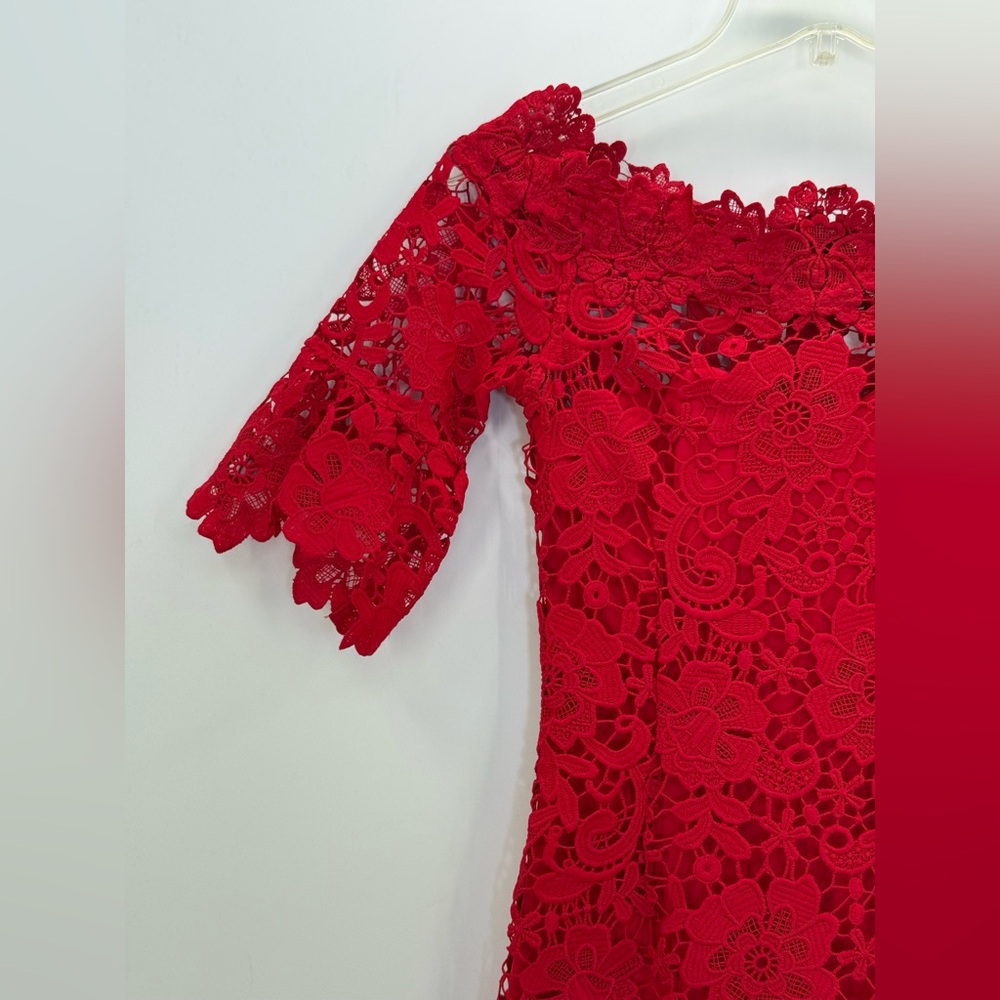 Paper Dolls London Red Lace Off-Shoulder Bodycon Cocktail Floral Lace Dress- 0 P - Picture 8 of 16